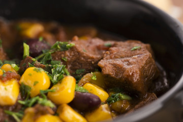 Tasty winter traditional hot pot stew with meat and vegetables