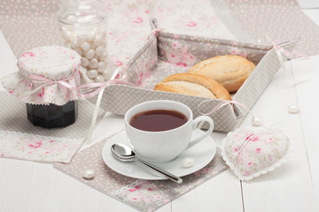 Shabby Chic. Handmade Heart, Napkins, Table Cloth, Tray. Cup Of