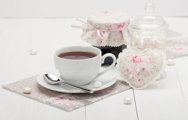 Shabby Chic. Handmade Heart, Napkins. Cup Of Tea. Homemade Jam