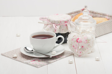 Shabby Chic. Handmade Heart, Napkins. Cup Of Tea. Homemade Jam