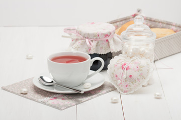 Shabby Chic. Handmade Heart, Napkins. Cup Of Tea. Homemade Jam