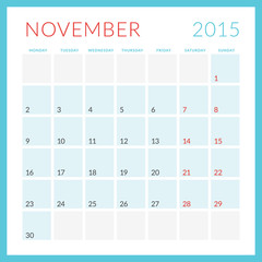 Fototapeta na wymiar Calendar 2015. November. Week starts Monday