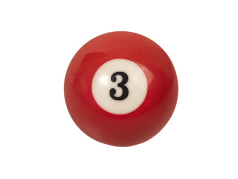 Bola Billar número tres (3) sobre fondo blanco aislado. Vista de frente	