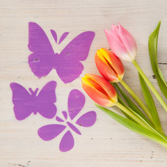 Schmetterlinge fliegen über eine Tulpenwiese