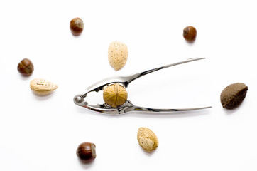 nuts and nutcracker on the white background