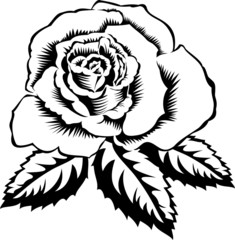 Silhouette outline rose with leaves. Vector tattoo illustration.