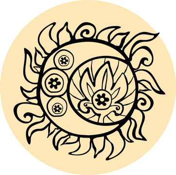 Ethnic Sun Totem Hand Drawn Sketch. Vector Illustration