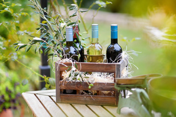 Wine bottles in a wooden crate