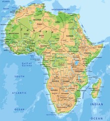 High detailed Africa physical map with labeling.