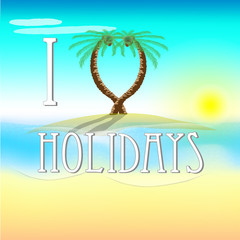Obraz premium Illustration of holidays on beach with love palm trees and sun