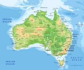 High detailed Australia physical map with labeling. - obrazy, fototapety, plakaty