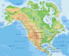 High detailed North America physical map with labeling. - 77485753