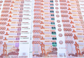 Background from set of banknotes of five thousand Russian rubles