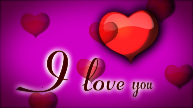 Red animated hearts on purple background and inscription I love you