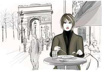 Poster Mooie vrouw aan het lunchen op de Champs-Elysees in Parijs © Isaxar