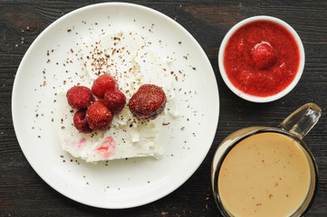 Cottage cheese with fresh berries and coffee with milk for break