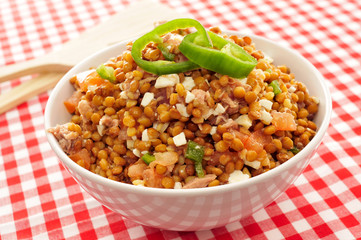 lentil salad, in a set table