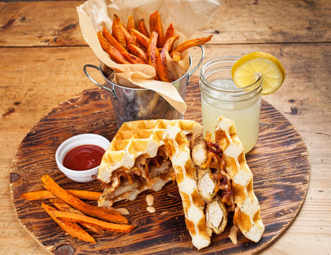 Chicken And Waffle Sandwich With Fries