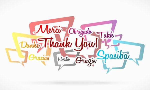 Thank you written in different languages over speech bubbles