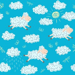 Fototapeta premium Vector seamless pattern with sheep and clouds