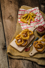Onion rings, hot dip, french fries and Czech beer