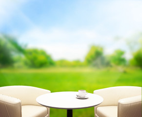 Wood Table  Top Background and Green 3d render