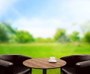 Obraz premium Wood Table Top Background and Green 3d render