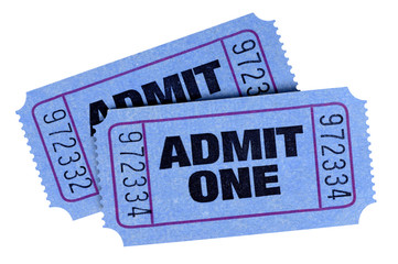 Two blue admit one movie or concert tickets isolated white background photo