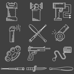Flat line icons collection of self-defense accessory