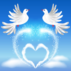 Two doves in the sky and heart
