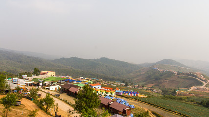 Fototapeta premium Serene mountain views from above Phu resorts and cabbage plants.