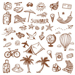 Hand drawn summer travel doodles set.