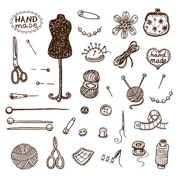 Hand drawn sewing icons set