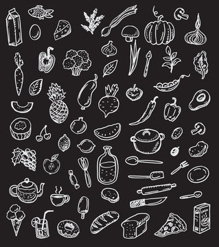 Big hand drawn doodle kitchen and food set