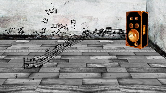 Animated music notes doming from speaker