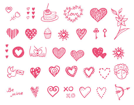 Happy Valentine's doodle set. Hand drawn hearts.