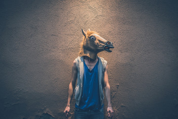 horse mask young hipster gay man