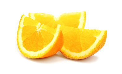 Beautiful cut pieces of fresh orange isolated on white backgroun