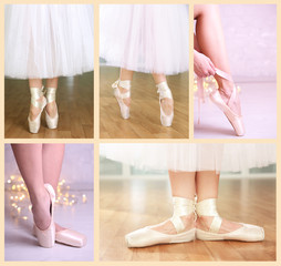 Collage of ballerina legs in pointes in dancing hall © Africa Studio