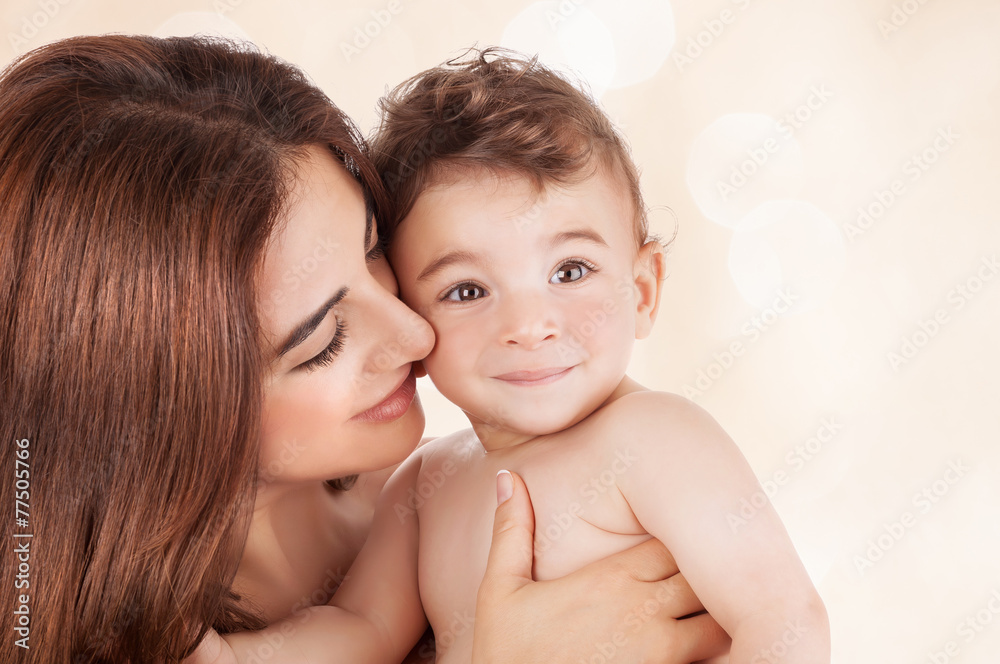 Wall mural happy mother with baby boy