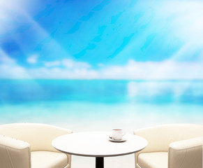 Obraz premium Wood Table Top Background Sea And Sky 3d render