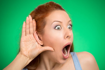 nosy woman hand to ear gesture eavesdropping shocked