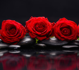 Still life with three red rose and therapy stones