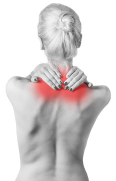 Woman pressing her hands against a painful shoulder. Isolated.