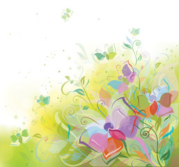 Vector spring background, plants and butterflies.