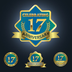 Naklejka premium Celebrating 17 Years Anniversary - Blue seal with golden ribbon