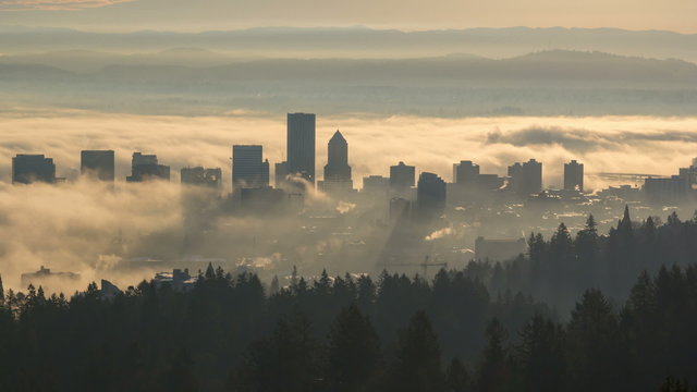 Time Lapse of Rolling Fog Over City of Portland OR Early Morning