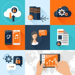 Flat vector illustration concept mobile devices connected onto a