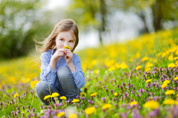 Adorable girl in blooming dandelion flowers