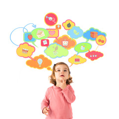Little girl thinking over white background